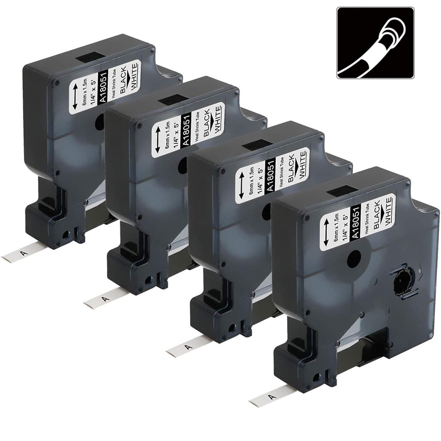 Rhino 4200 Heat Shrink Tube Tape 1/4" 6mm Replacement for Dymo Rhino 18051 Heat Shrink Labels Compatible with DYMO Industrial Label Maker 5200 5000 6000 | Black on White | 4-Pack