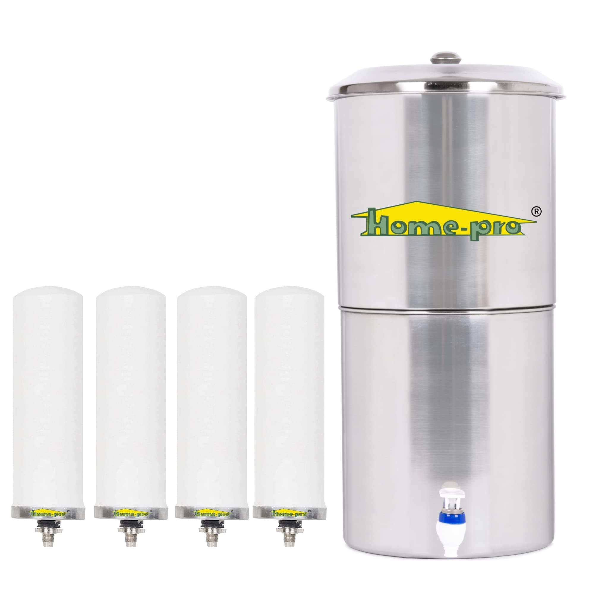 Home-Pro - Gravity Water Filter and Purifier | 30 Liters Total Capacity (15L Bottom & 15L Top) Made with Stainless Steel |Includes 4 Creamic Long Candle and Food Grade Plastic Tape