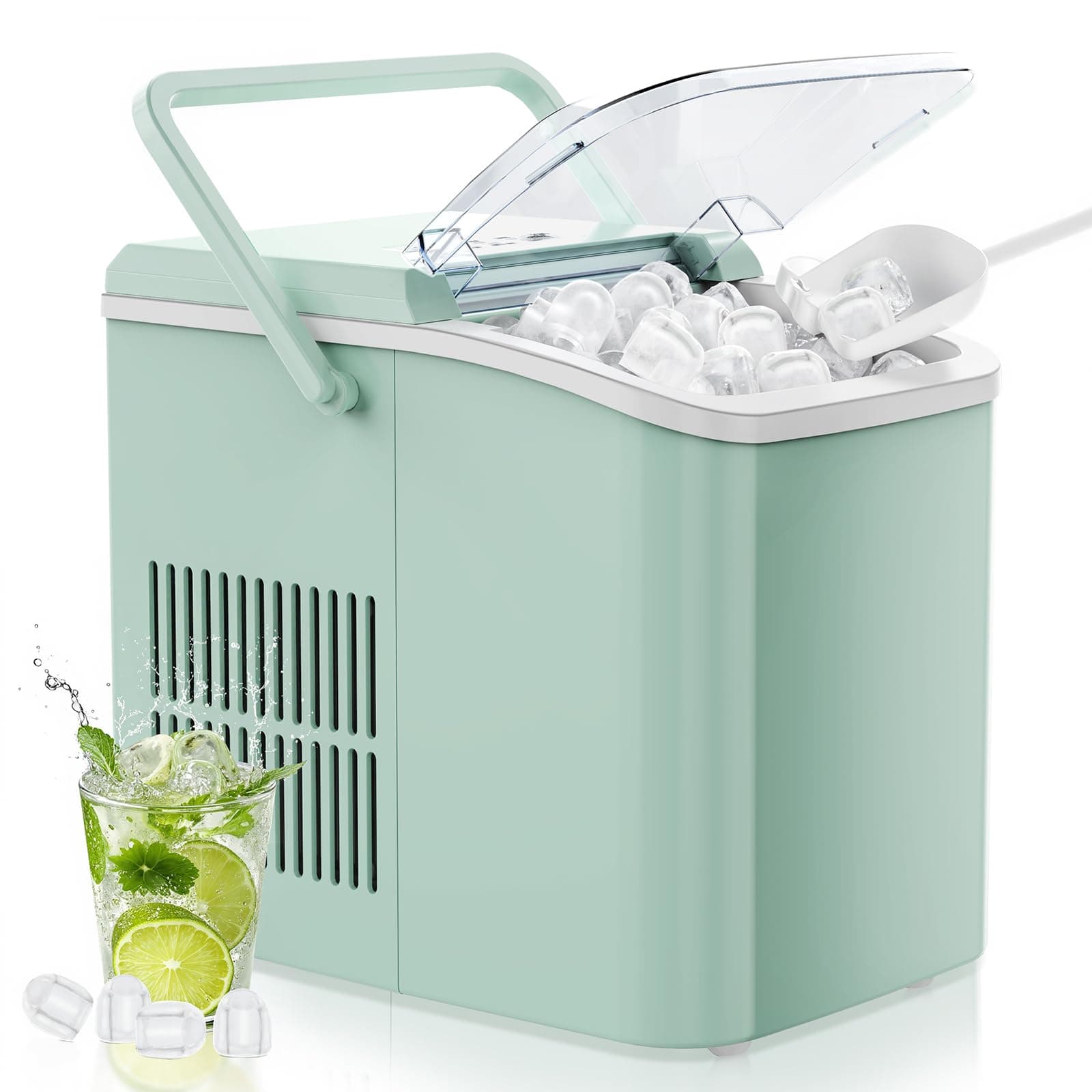 OLIXIS Ice Maker Machine with Handle,26lbs in 24Hrs,9 Ice Cubes in 6 Mins,Auto-Cleaning Portable Ice Maker with Basket and Scoop, Countertop Ice Maker for Home/Kitchen/Camping/RV, Green