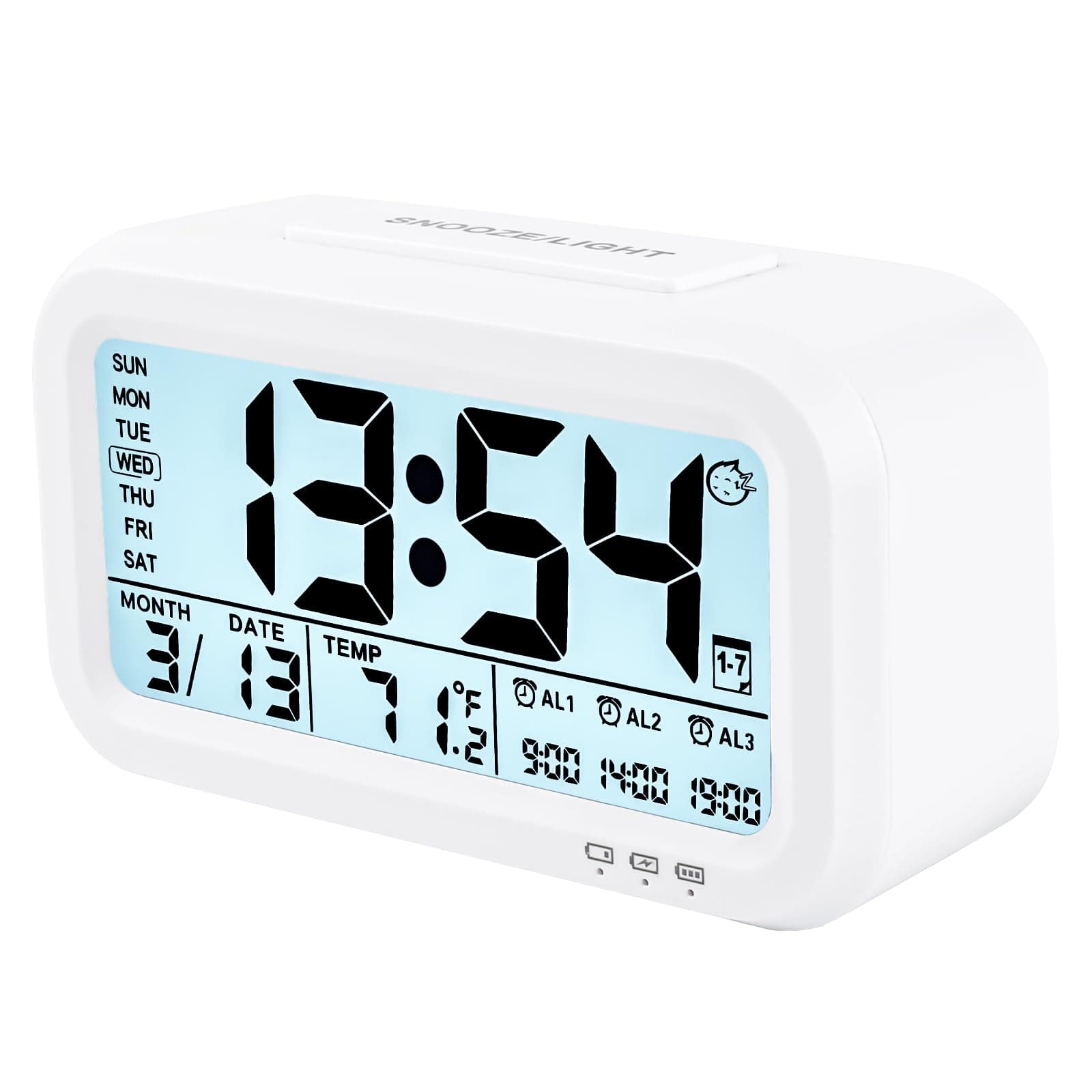Digital Alarm Clock for Bedroom, 4.3" Screen Desk Clock with 3 Bells, Rechargeable Battery Operated Small Clock with Temperature, Snooze, Calender, 12/24H Display for Heavy Sleepers (White)