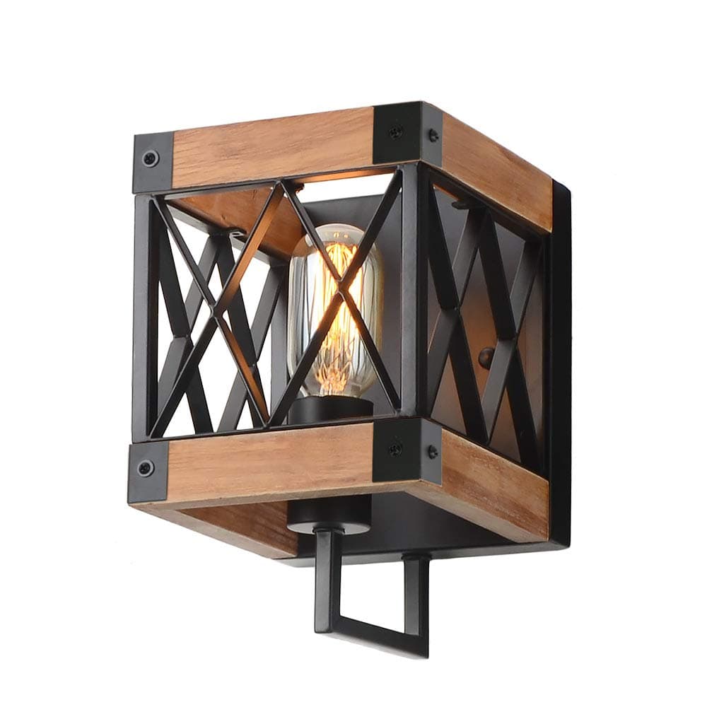 1-Light Rustic Wood Wall Lamp with Mesh Cage Industrial Wall Sconce, Retro Bathroom Lamp Log Cabin Home Vintage Edison Sconce Light Fixture, Brown Wood and Black Metal(W0057)