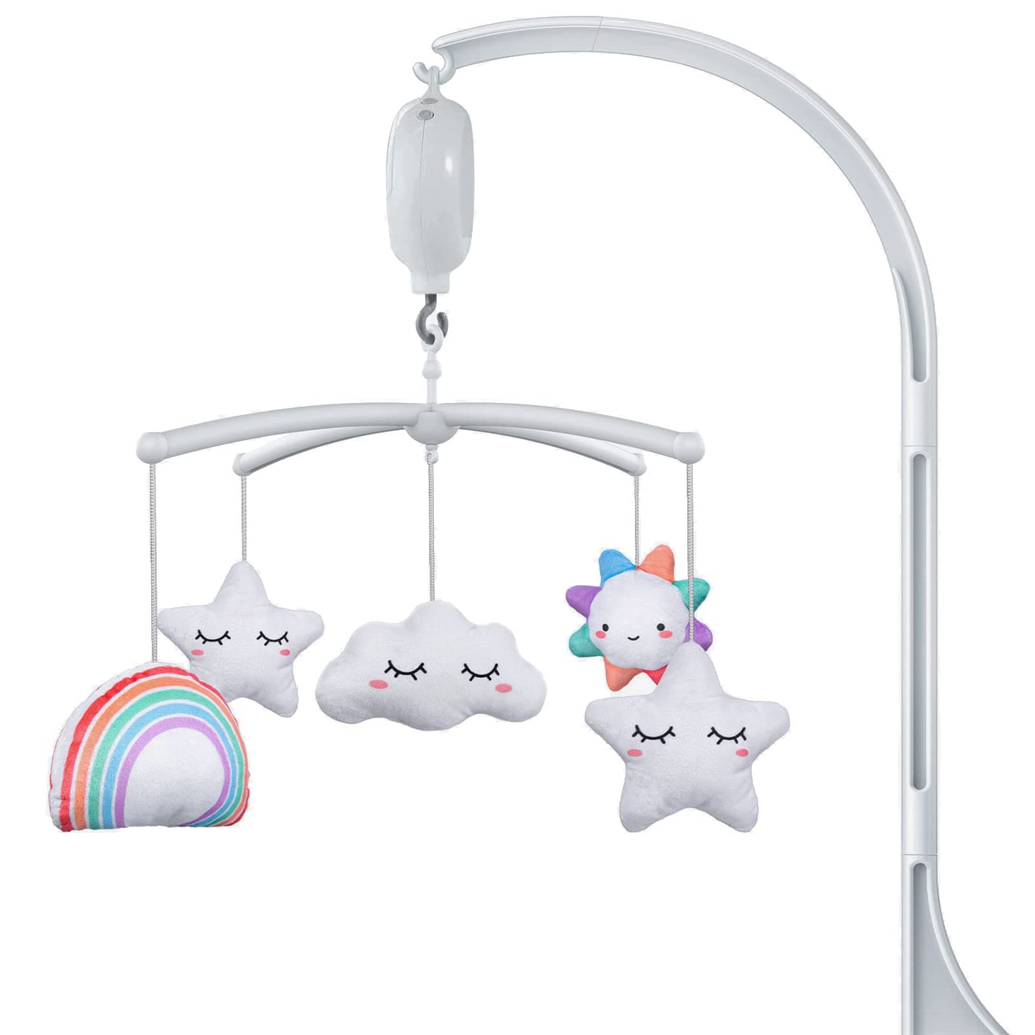 FEISIKE Crib Mobile with 3 Modes Digital Music Box, 35 Lullabies & Volume Control Baby Mobile for Crib Include 28 Inches Crib Mobile Arm and 5 Pcs Hanging Toys Baby Crib Mobile for Boys & Girls Knob