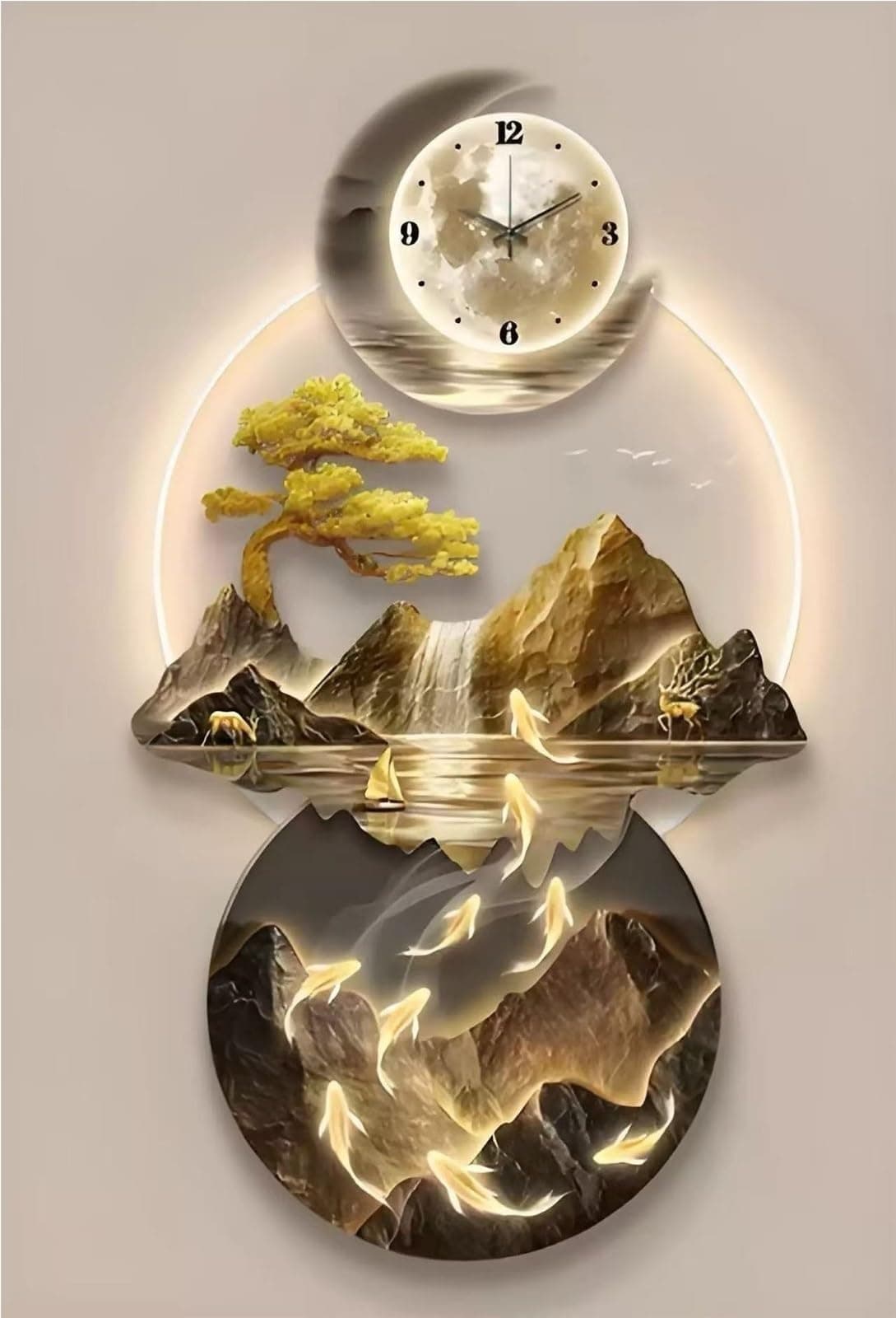 Modern 3D Wall Art Sculpture with LED Light, Plug-in Clock Home Decor, UV Engraved Wall Hanging for Bedroom, Living Room, Apartment(E,23.6"x47.2")