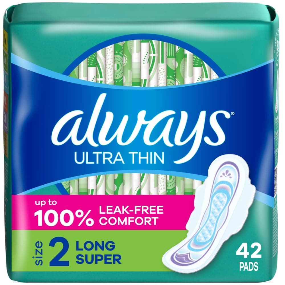 Always Ultra Thin, Feminine Pads For Women, Size 2 Long Super Absorbency, With Wings, Unscented, 42 Count
