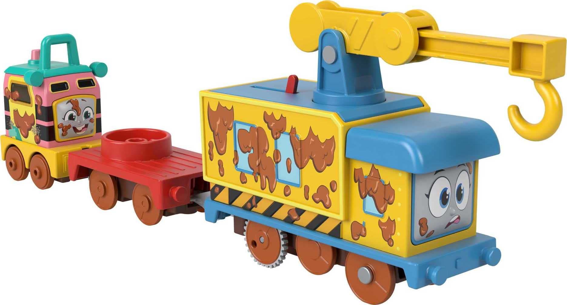 Thomas the Tank Engine Toy Vehicle Set, Muddy Fix 'Em Up Friends Battery Operated Curly the Crane & Sandy the Rail Speeder, Ages 3+