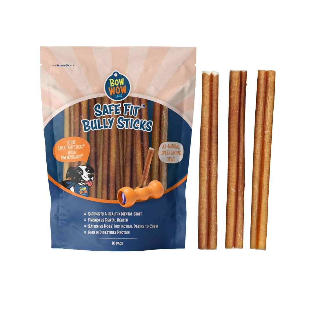Bow Wow Labs 6" Bully Sticks for Dogs | 100% All Natural, Grass-Fed, Free-Range Beef | Low Odor | Long Lasting Chews | SafeFit | 10 Pack (Midsize)