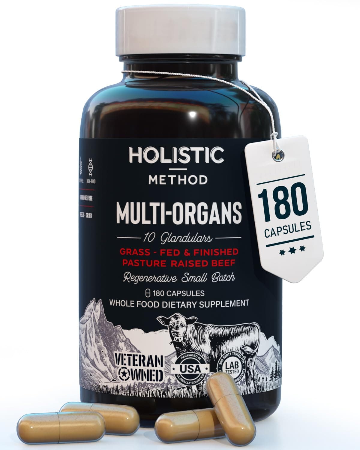 Beef Organ Supplement Grass Fed Complex - 10 Carnivore Meat Proprietary Blend of Beef Liver, Marrow, Brain, Thymus, Spleen, Kidney, Lung, Heart, Pancreas, Gallbladder -180 Capsules - 3710MG/ Serving