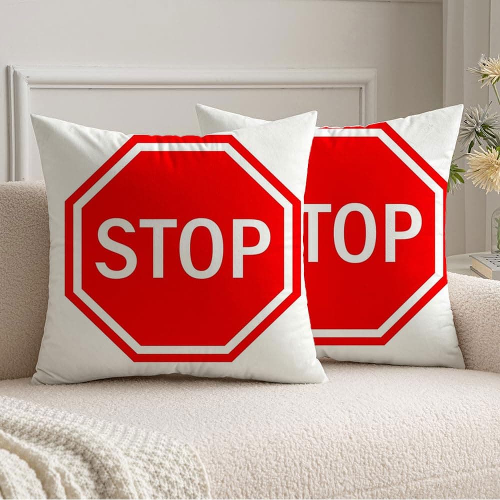 2 Pack Decorative Square Throw Pillow Cases Velvet Car Red Attention No Stop White Abstract Warning Intersections Danger Signal Road Street Forbidden Cushion Cover 18x18 Inch for Couch Bedroom Car