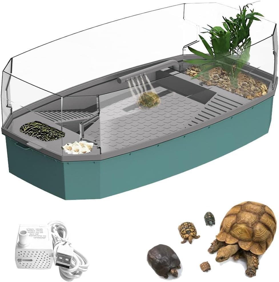 3Clock Turtle Tank with Adjustable Water Pump Filter, Full View Visually Large Tortoise Aquarium Habitat Easy Changing Water&Clean for Tortoise Small Amphibious Creatures Reptiles Pet Container (M)