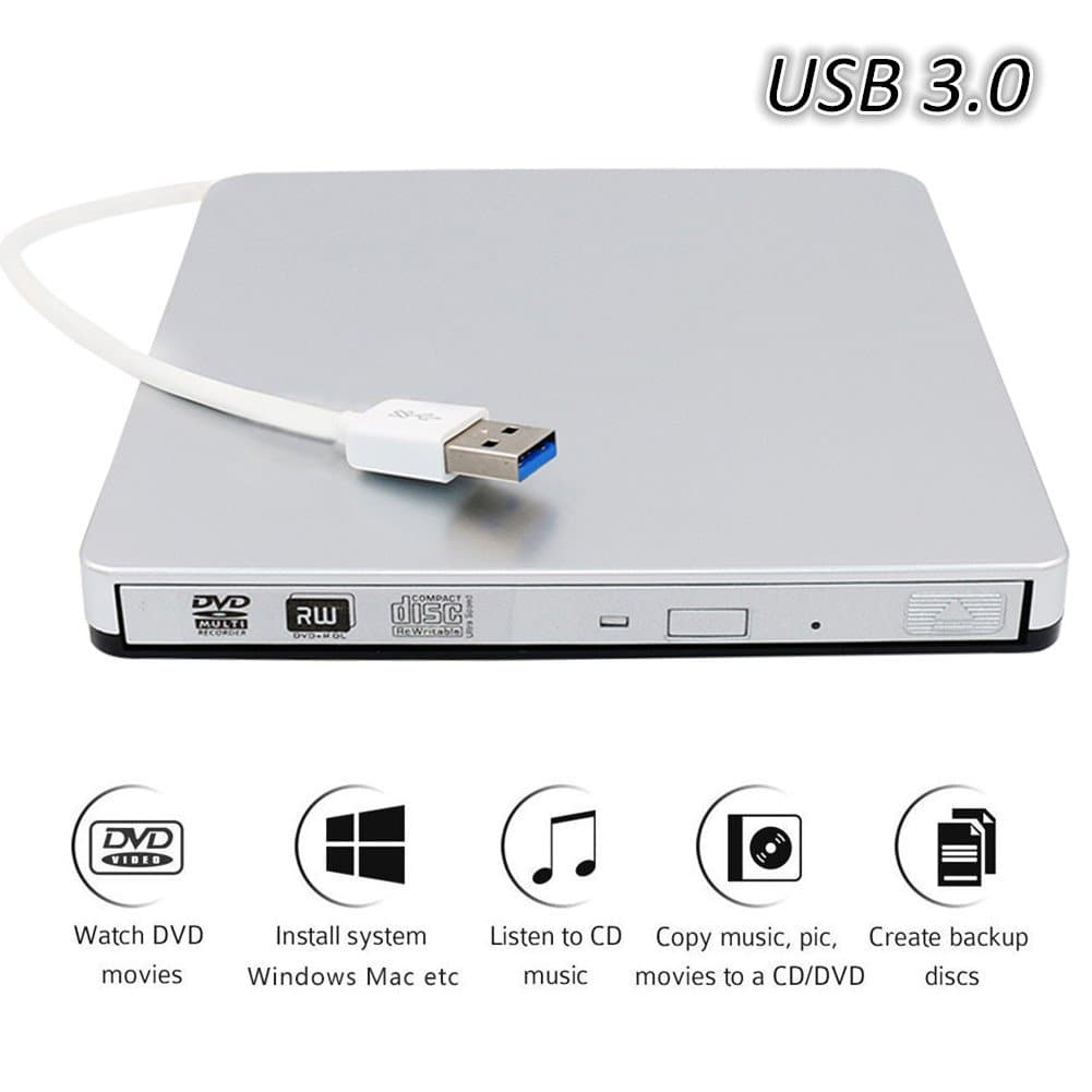 USB 3.0 External DVD CD Burner Drive - Portable Slim DVD/RW CD/RW Drive Burner Writer, Copier, Reader, Player For Windows, Laptop, Apple, Mac, iMac, Macbook Air /Pro, Desktop, PC, White