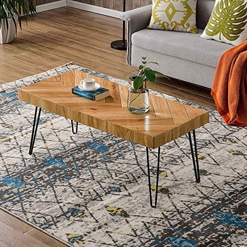 Modern Coffee Table, Easy Assembly Tea Table Cocktail Table for Living Room w/Chevron Pattern & Metal Hairpin Legs (Glossy Finishes Wood)