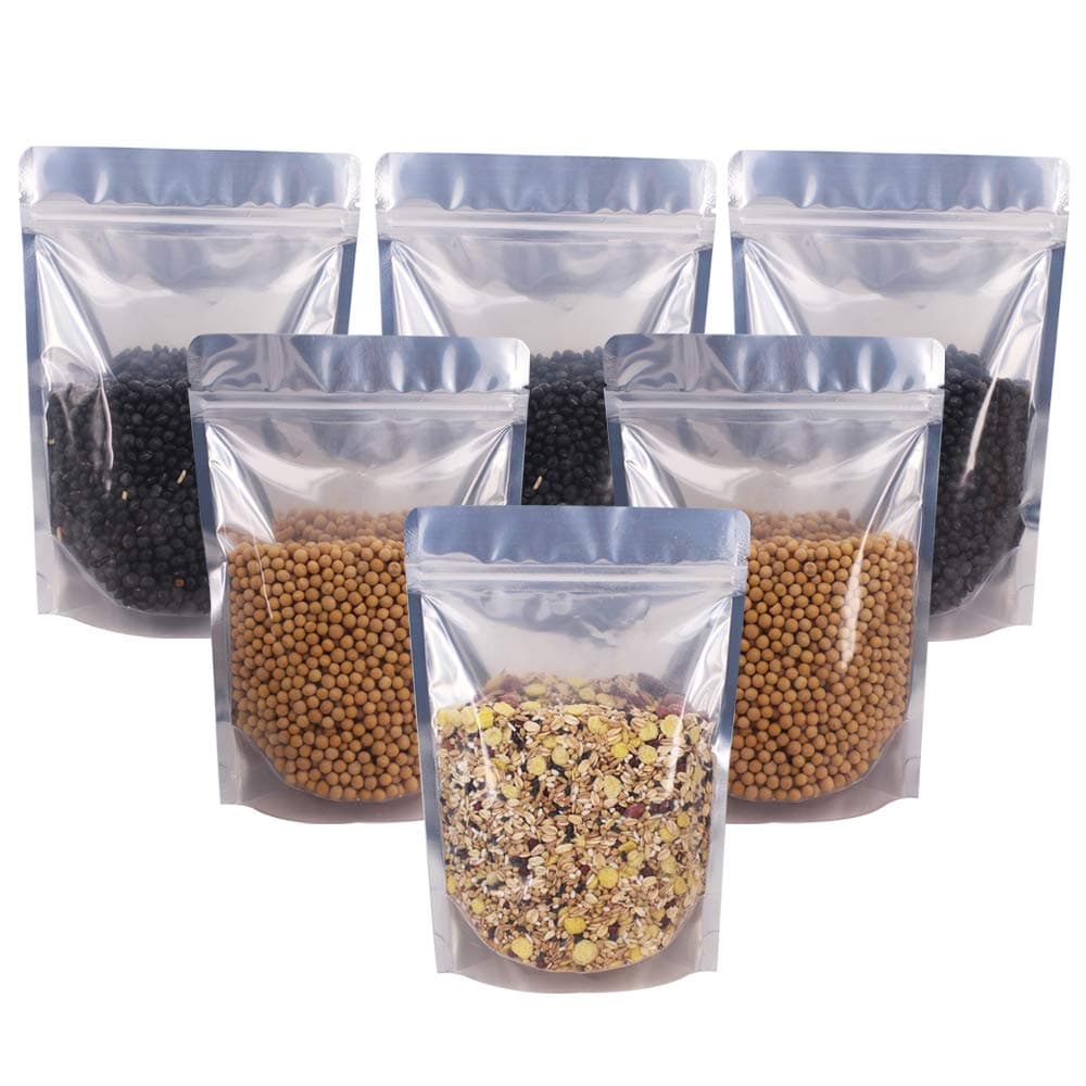 100 Pack 6.7 x 9.45 Inch Stand Up Pouch Bags Zipper Mylar Bags Clear Front with Aluminum Foil Back Reusable Food Storage Bags for Multipurpose with Gusset Bottom(5.5mil Thickness)
