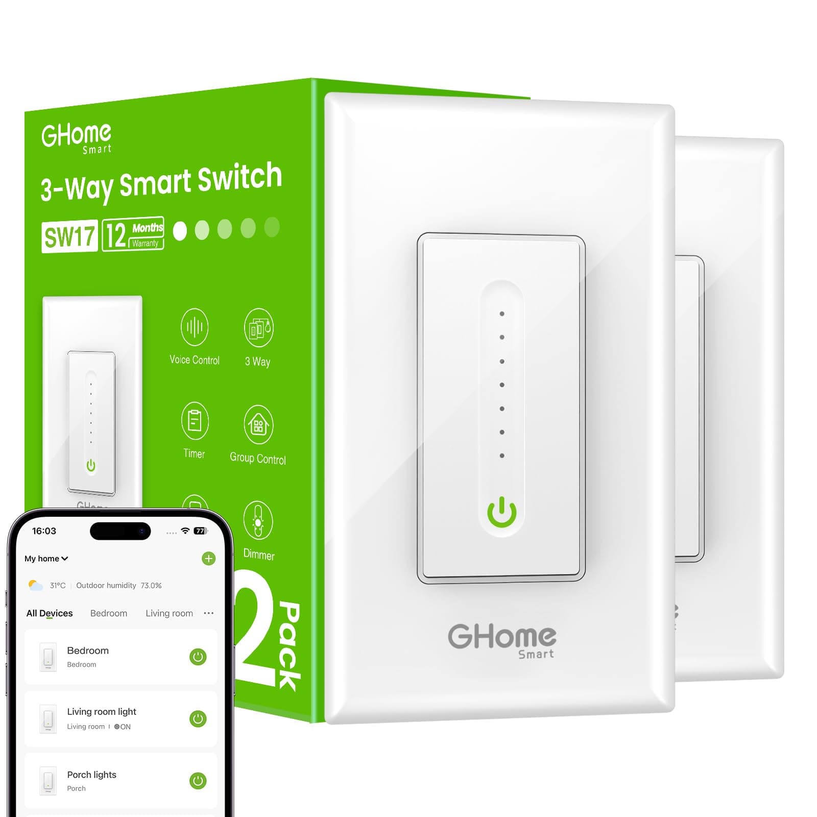 GHome Smart 3 Way Dimmer Smart Switch Can Work Separately Or Work with Traditional 3-Way Switch, Compatible with Alexa, Google Assistant, Neutral Wire Required, 2.4GHz WiFi Only, FCC Certified, 2 Pack