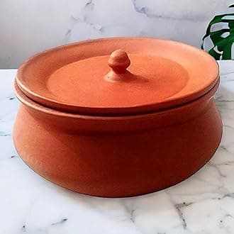 Traditional Clay Cooking Handi, 2 Litre, Earthenware Pot | Mud Clay & Kadai | Mitti K Bartan | Made in India | Use on Gas Stove | Included Lid | 2000Ml | Mitti Ka bartan | Soil Handi & Pot