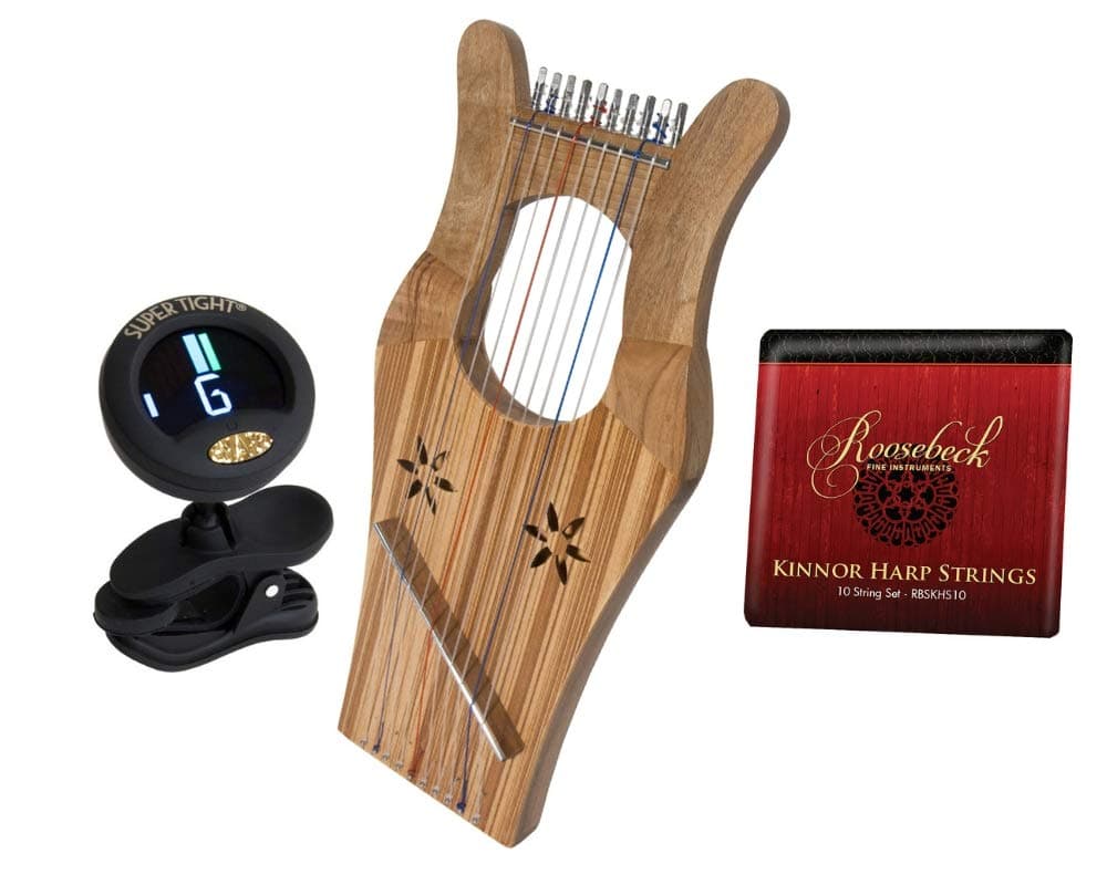 Mini Kinnor King David's Harp Lyre - Light Walnut & Ash, Kinnor Harp Replacement String Set & Snark Clip-On Chromatic Tuner
