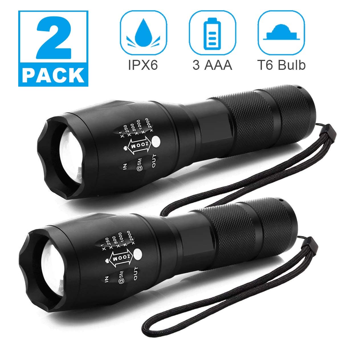 Tactical Flashlight - Lambony Super Bright 2000 Lumen Waterproof LED Mini Flashlights 5 Light Modes for Sporting, Outdoor, Camping, Hiking, Emergency, 2 Pack, Black, Pocket Size