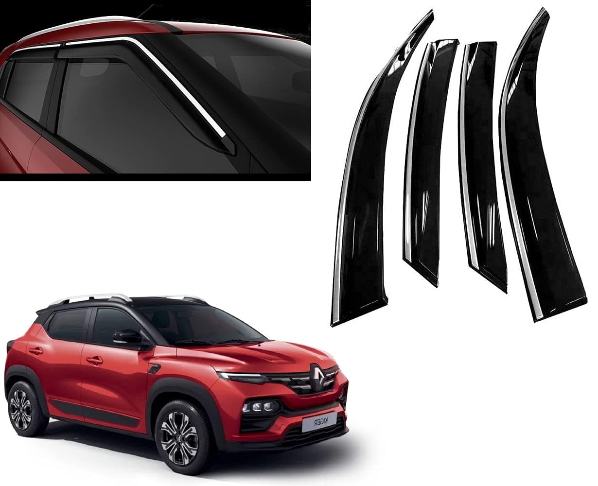 Unbreakable Wind Deflector/Door Visor/Rain Guard (with Chrome line Finish) Compatible for Renault Kiger (Set of 4)