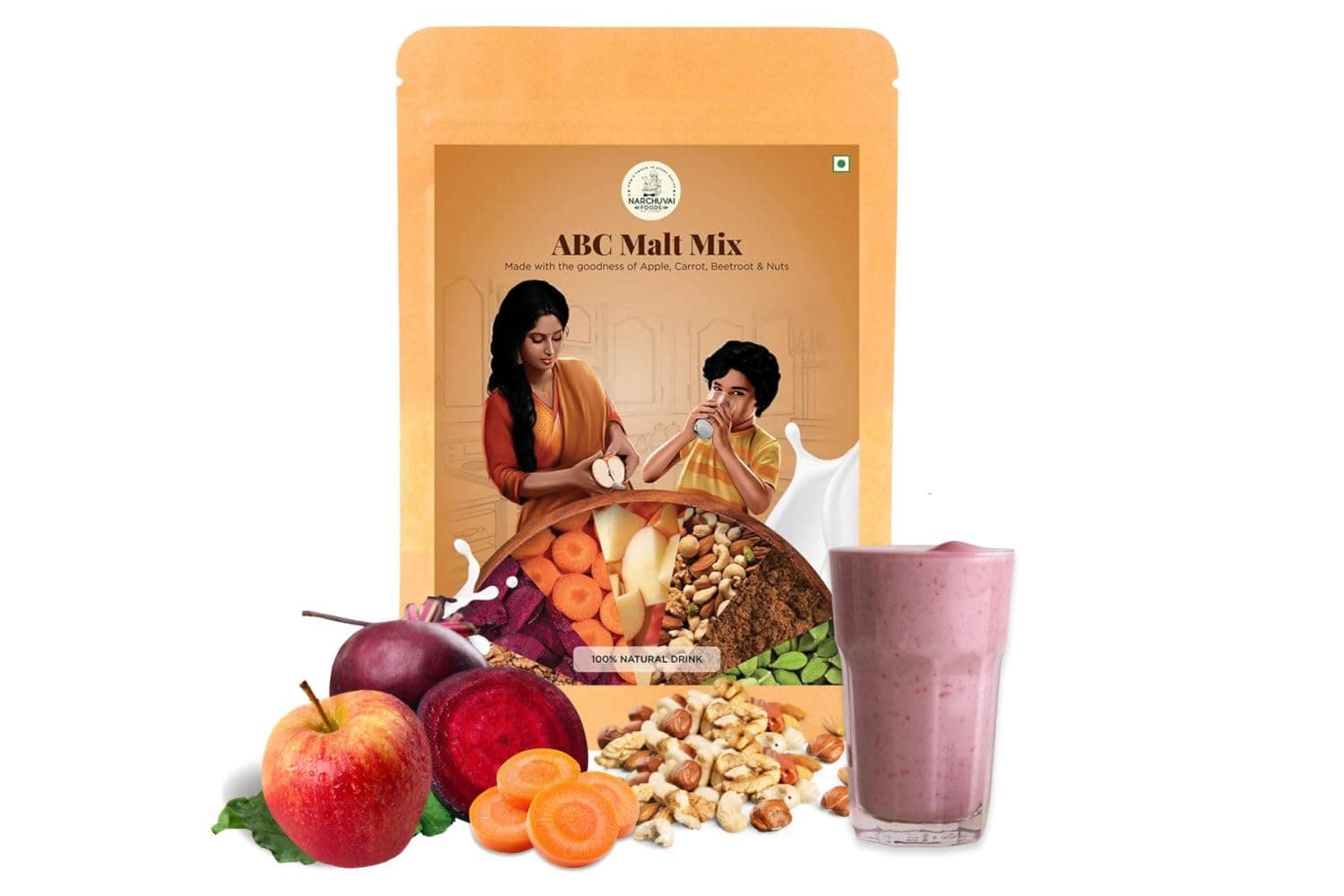 ABC Malt Mix | 1KG |Apple, Beetroot, Carrot | No Preservatives | Zero White Sugar | Ready-to-Mix | Almond, Cashew, and Cardamom |Homemade & No Preservatives| Malt-Based Nutritional Mix | Natural Drink for Kids, Adults, Elders - 1 kg
