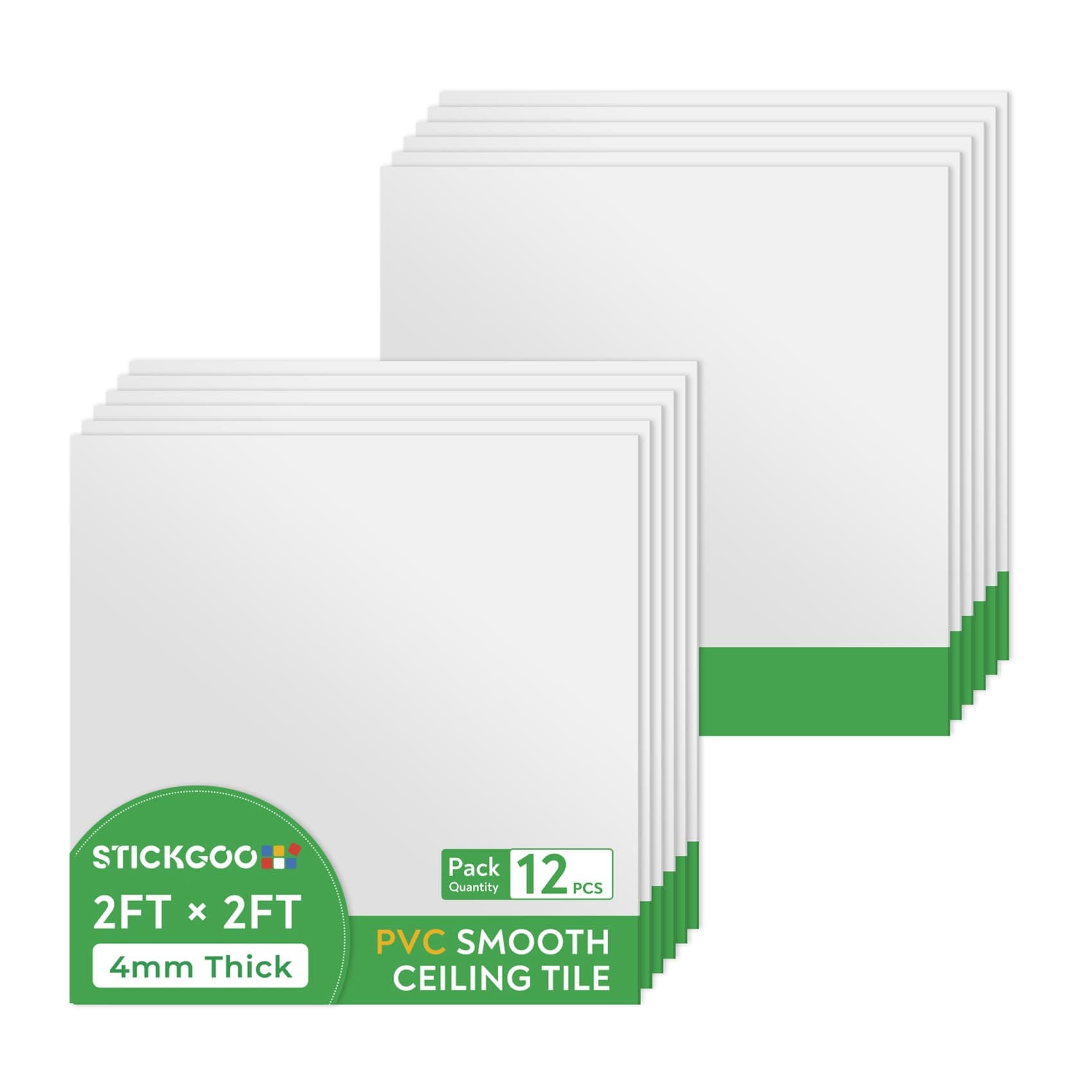 STICKGOO Smooth Drop Ceiling Tiles 2ft x 2ft, PVC Ceiling Tile 24 x 24in - Waterproof, Fire-Rated to Prevent Breakage - Package of 12 Tiles Cover 48 Sq. Ft, White