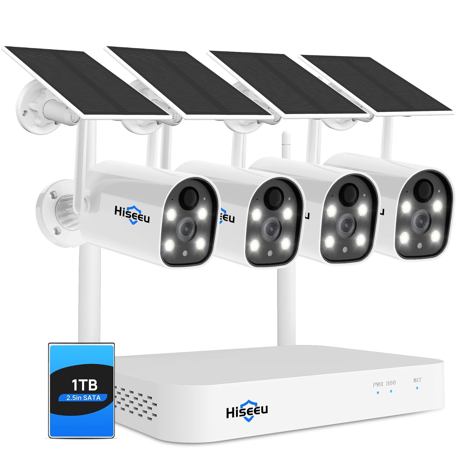 Hiseeu Solar Powered Wireless Security Camera System Outdoor, 10CH 2K NVR, AI Human Detection, 2-Way Audio, 4MP Battery Cameras with Color Night Vision, IP66 Waterproof, 1TB HDD (WK-4C40-AT)