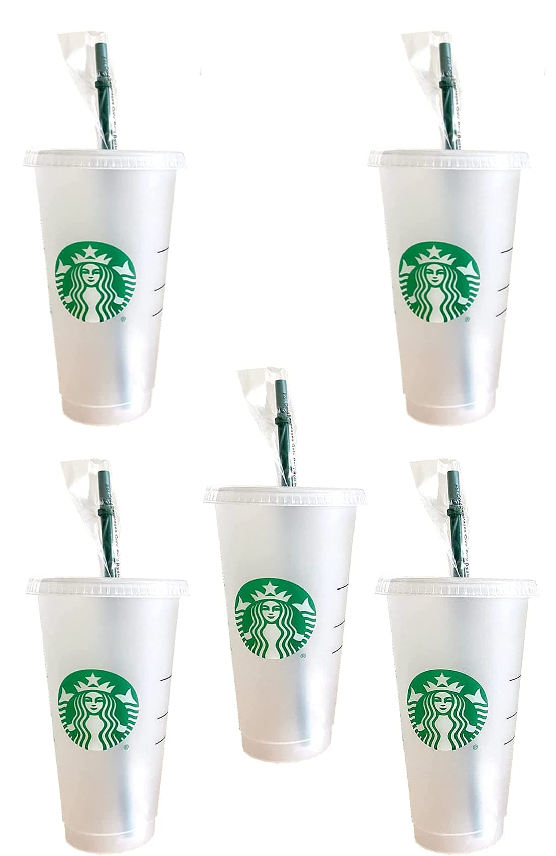 5 Pack Bundle - Reusable Frosted 24 oz Cold Cup with Lid and Green Straw w/Stopper