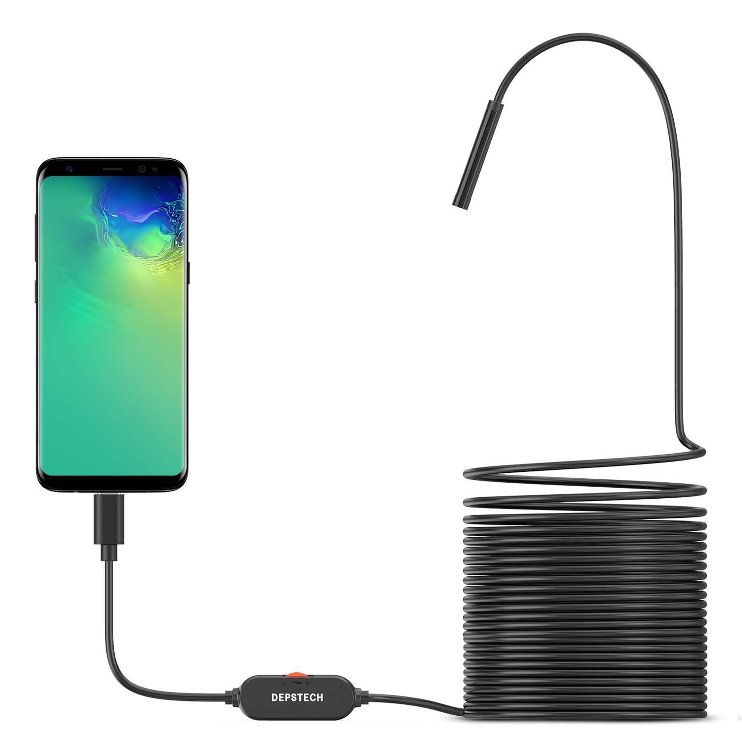 DEPSTECH USB Endoscope Camera, 720P IP67 Waterproof Borescope, 5.5mm Snake Inspection Camera, Type-C Scope Camera with 16.5ft Semi-Rigid Cable, 6 LED Lights, Compatible with OTG Android Phone, PC