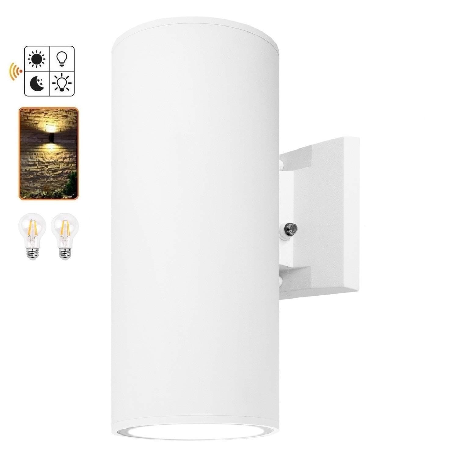 Outdoor Wall Sconce, Exterior Lighting with Dusk to Dawn Sensor - 2 Light Bulbs Included, Aluminum Waterproof Wall Mount Cylinder Design - Up Down Light Fixture for Porch, Garage and Patio