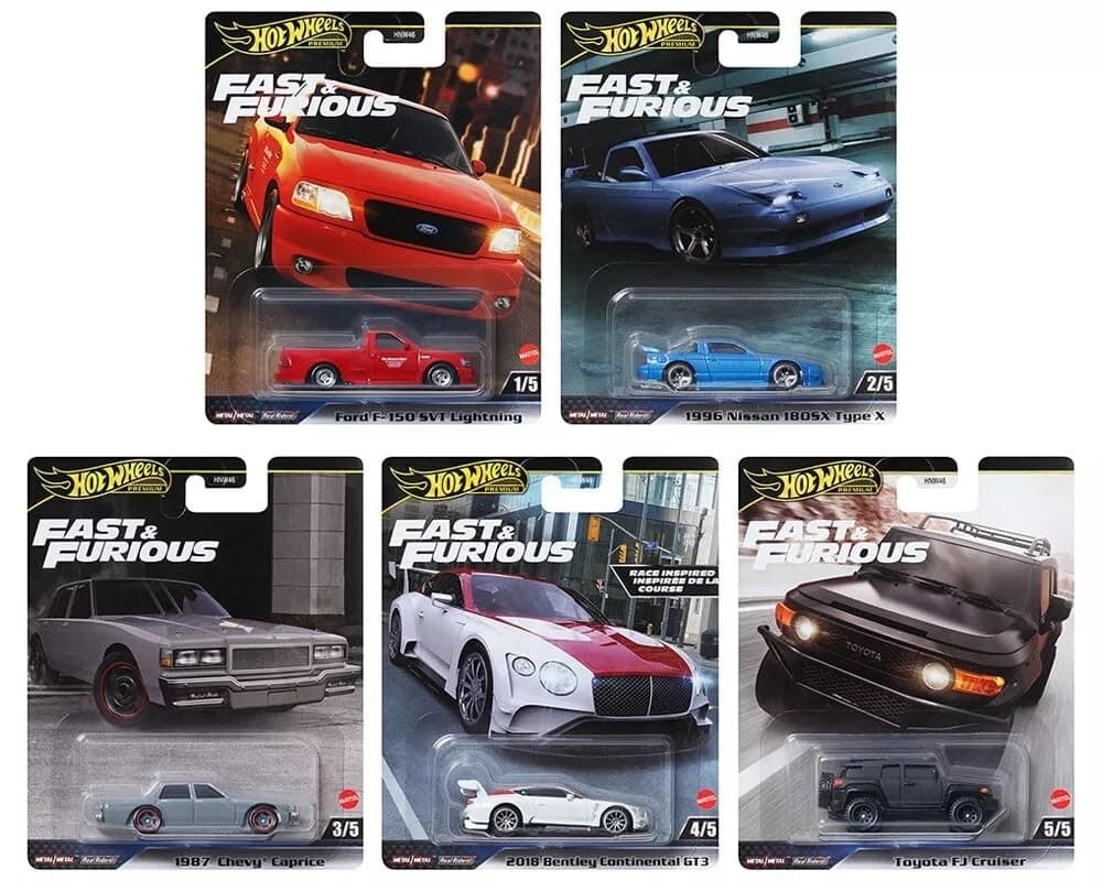 1:64 Scale Diecast Model Car Compatible with Hot Wheels 2024 Premium Fast & Furious H Case, Set of 5 Cars, HNW46-956H