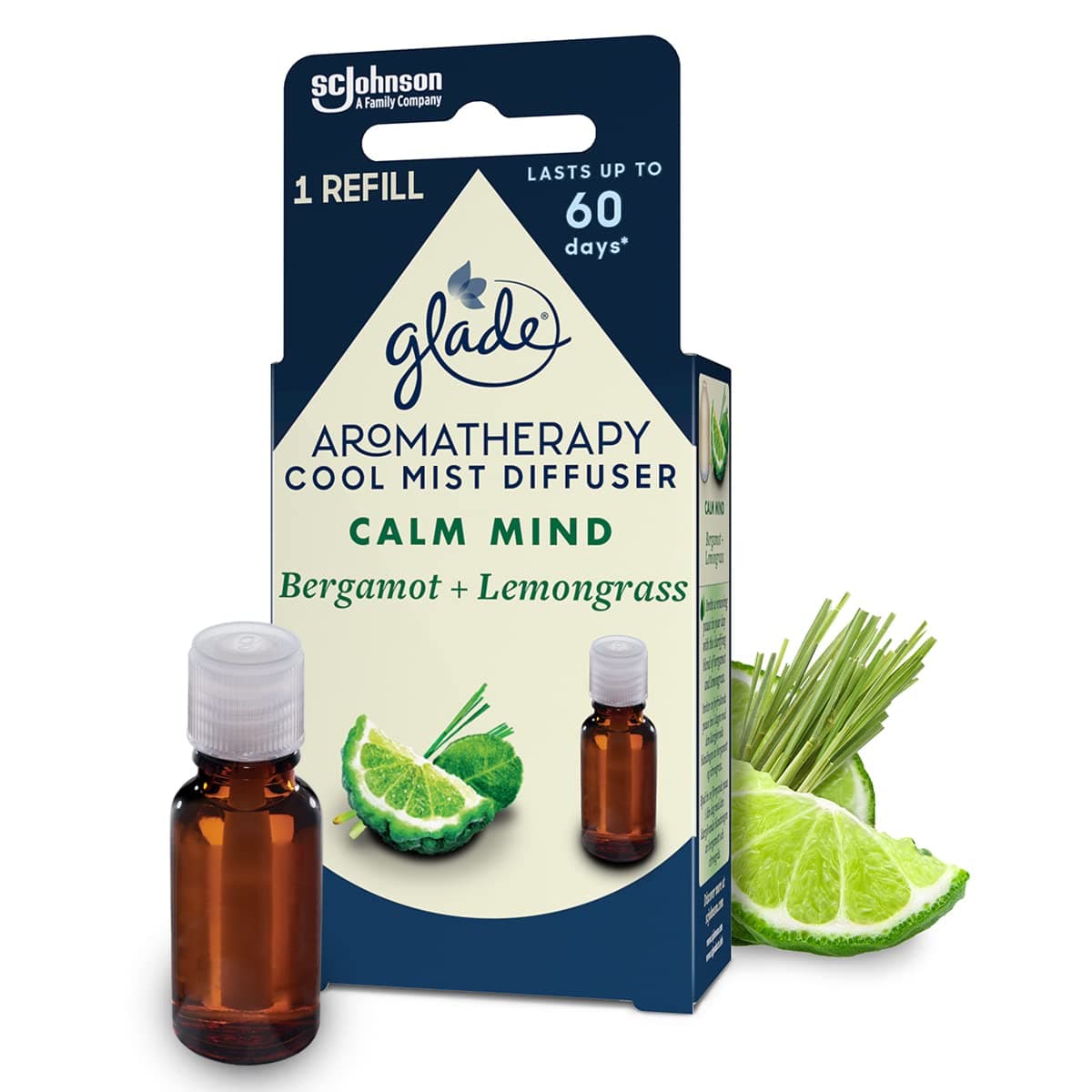 Glade Aromatherapy Essential Oil Diffuser Refill, Cool Mist Aromatherapy Diffuser & Air Freshener for Home, Calm Mind with Bergamot & Lemongrass Scent, 17.4ml