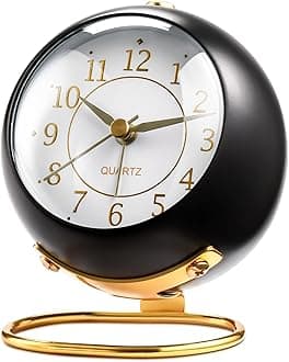DOTCOM Tetino Analog Alarm Clocks,Retro Backlight Cute Simple Design Small Desk Clock Night Light,Silent Non-Ticking,Battery Powered,for Kids,Bedroom,Travel (Black)-Alloy Steel,3.5"