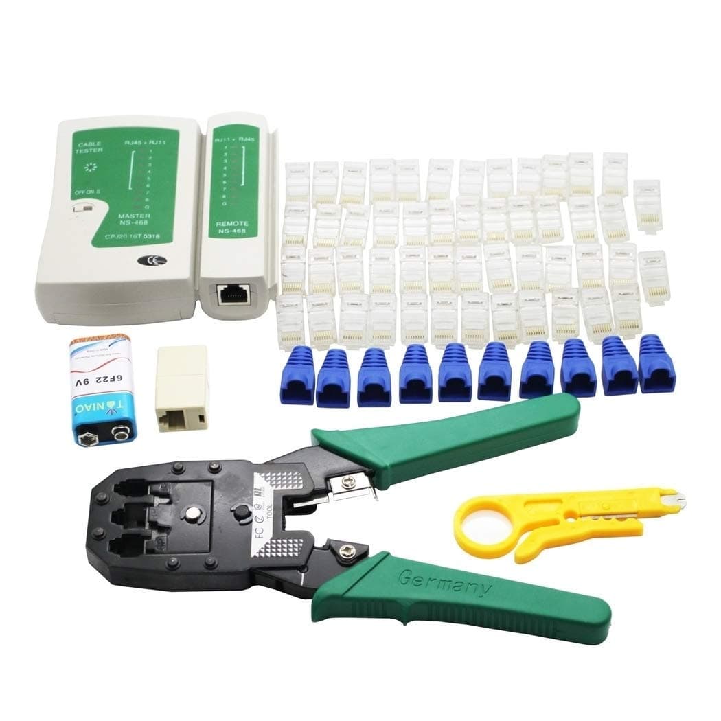 Network Tool Kit, GGIENRUI 7 in 1 Professional Ethernet Network LAN Kit RJ11 RJ45 Cat5e Cat6 Cat7 Wire Cable Tester Crimping Tool Crimper, 50pcs RJ45 Coupler Joiners, Internet Coupler (65pcs Set )