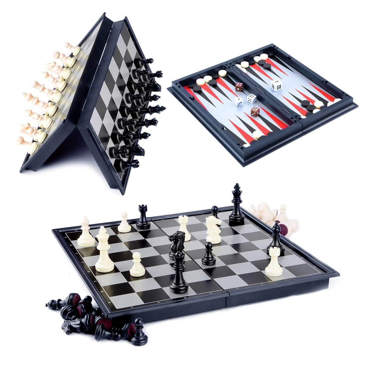 VITION 3in1 Chess Board Set Game, (Chess-Checkers-Backgammon) Magnetic Folding/Portable Storage Board, Outdoor Game, Camping Game Educational Toys for Kids/Children/Adults Gift (3in1, Space Grey)