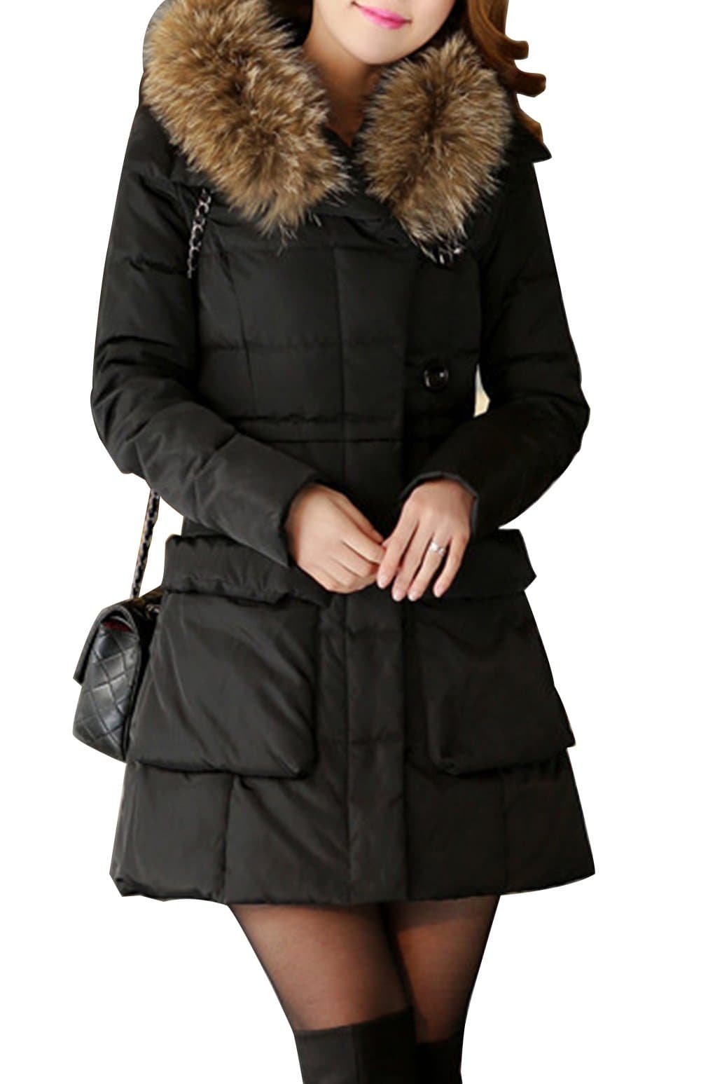 FORAR Women's Empire Line Fitted Down Jacket Parka With Racoon Fur Hooded Black XL