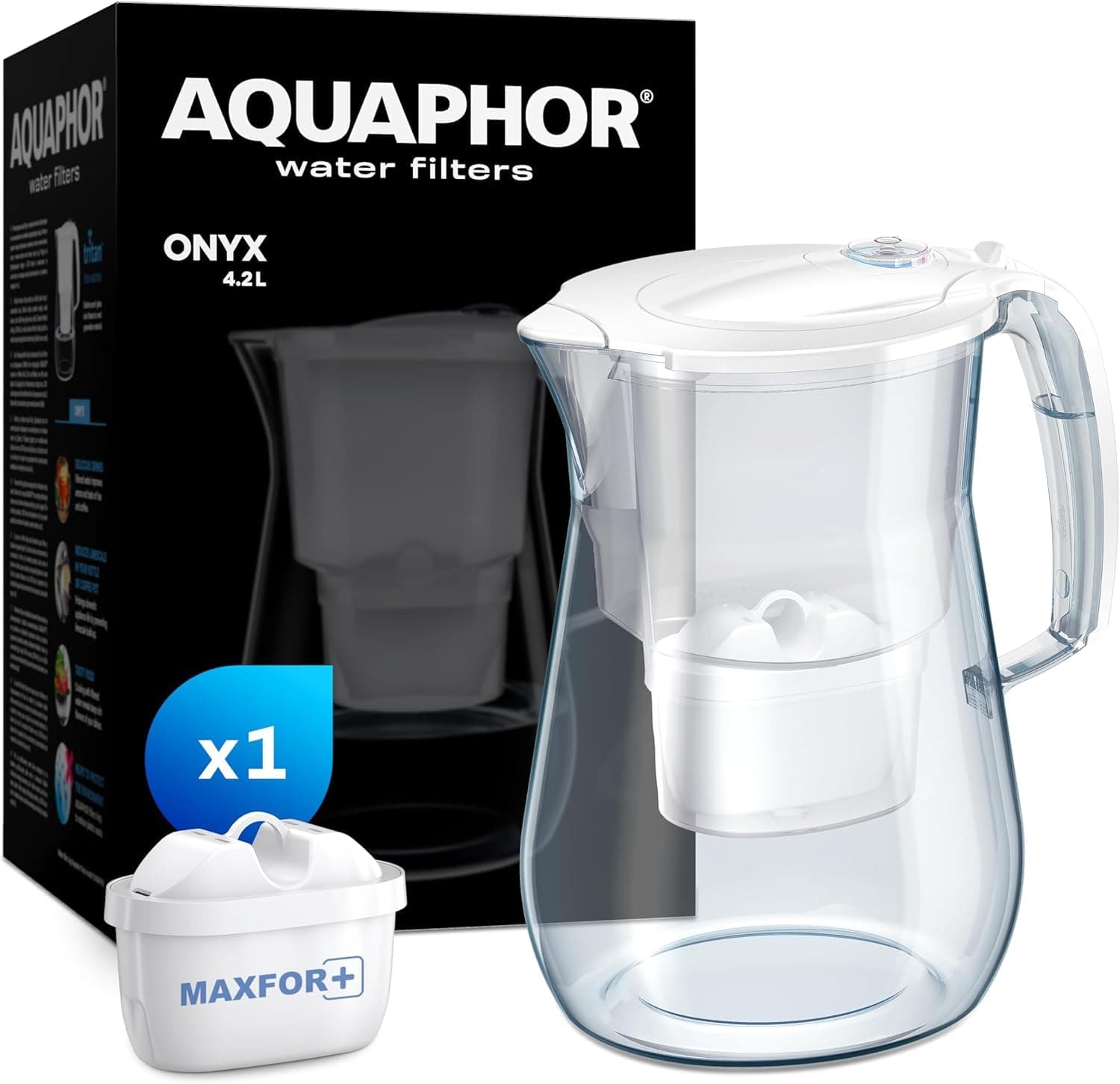 water filter jug Onyx White incl. 1 MAXFOR+ filter I Water filter in glass optics for 4.2l I Carafe I Reduces lime & chlorine I Perfect for the family I Premium quality I Stylish container