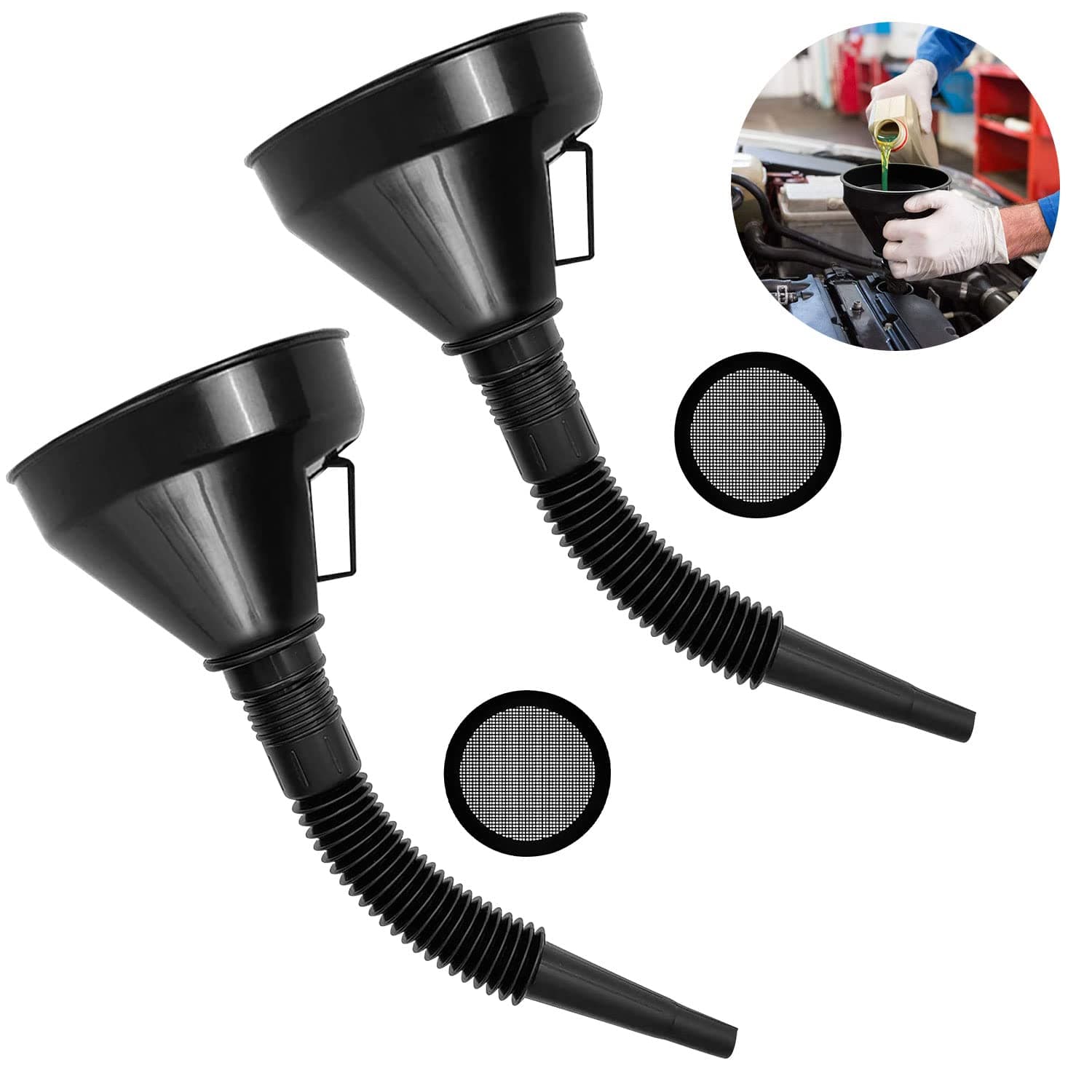 – Abnaok Fuel Funnel, 2Pcs Plastic Funnel with filter screen & Removable Hose Car Funnel for Auto Oil Gasoline Petrol Diesel and Household Use (Black)