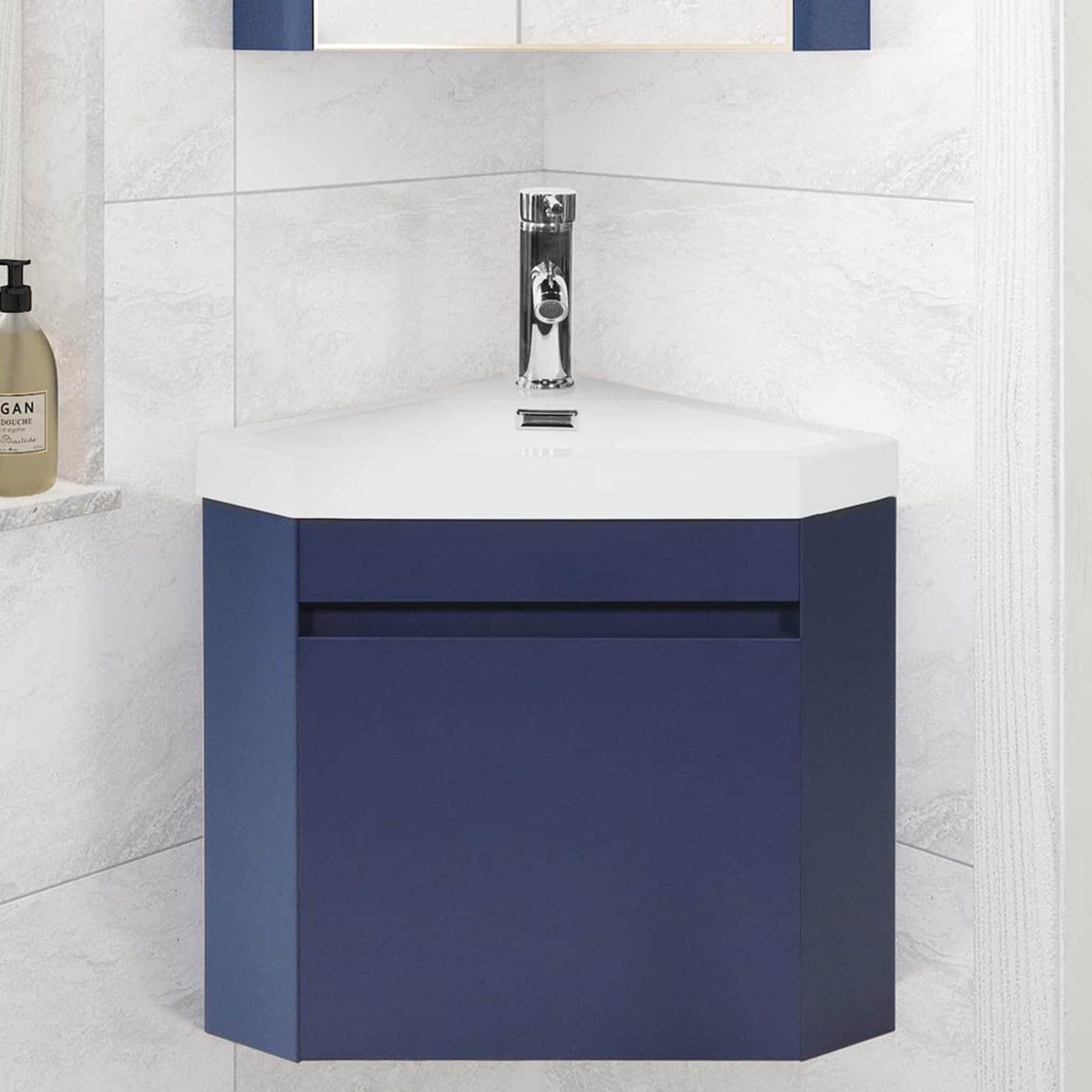 wonline 16" Corner Bathroom Vanity Sink Combo for Small Space Wall Mounted Cabinet Set Design Navy Resin Basin Sink Top Chrome Faucet and Drain