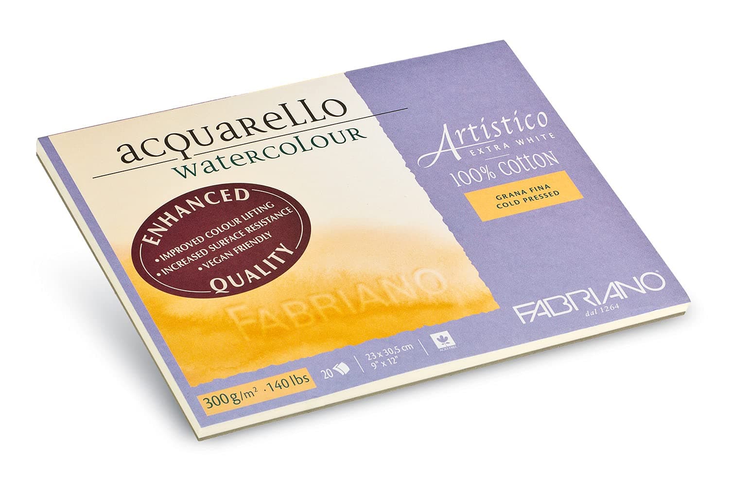 Honsell Fabriano Artistico Acquarello, Extra White, Fine Grain, Cold Pressed, 23 x 30.5 cm, 20 Sheets, 300 g/m², Artists' Watercolour Cardboard, Pad Glued on 4 Sides, 23 x 30,5 cm