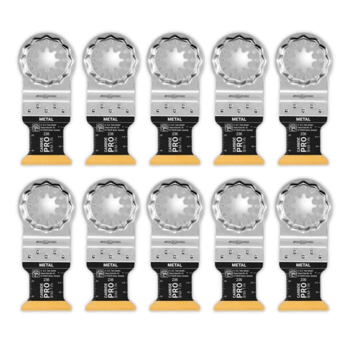 Fein Starlock E-Cut Carbide Pro Saw Blade - Precision Cutting for Hard Metals, Tempered Screws and Abrasive Materials, TiN Coated, 1-1/4" Width, 1-5/8" Length, 10-Pack - 63502236290