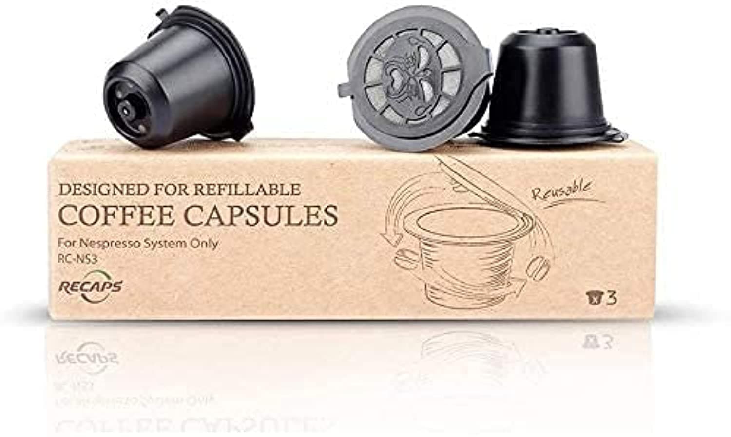 RECAPS Espresso Pods Refillable Coffee Pods 3 Pack Reusable Capsule Filters Compatible with Nespresso Coffee Machines Black