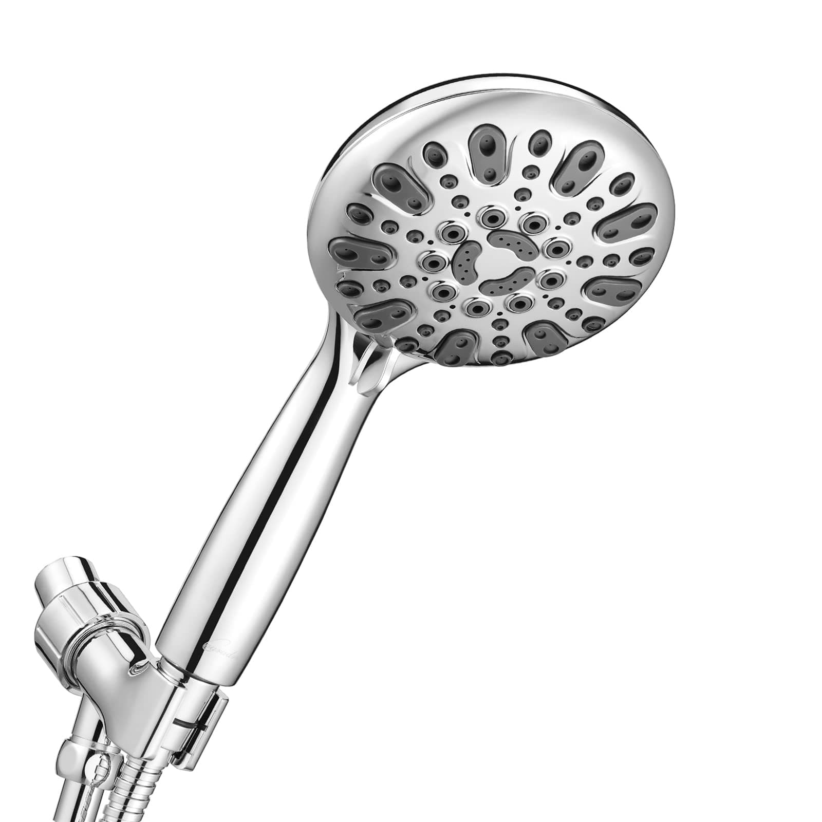 - Handheld Shower Head, 6 Spray Setting High Pressure Shower Head with Brass Swivel Ball Bracket and Extra Long Stainless Steel Hose, Chrome, 5"