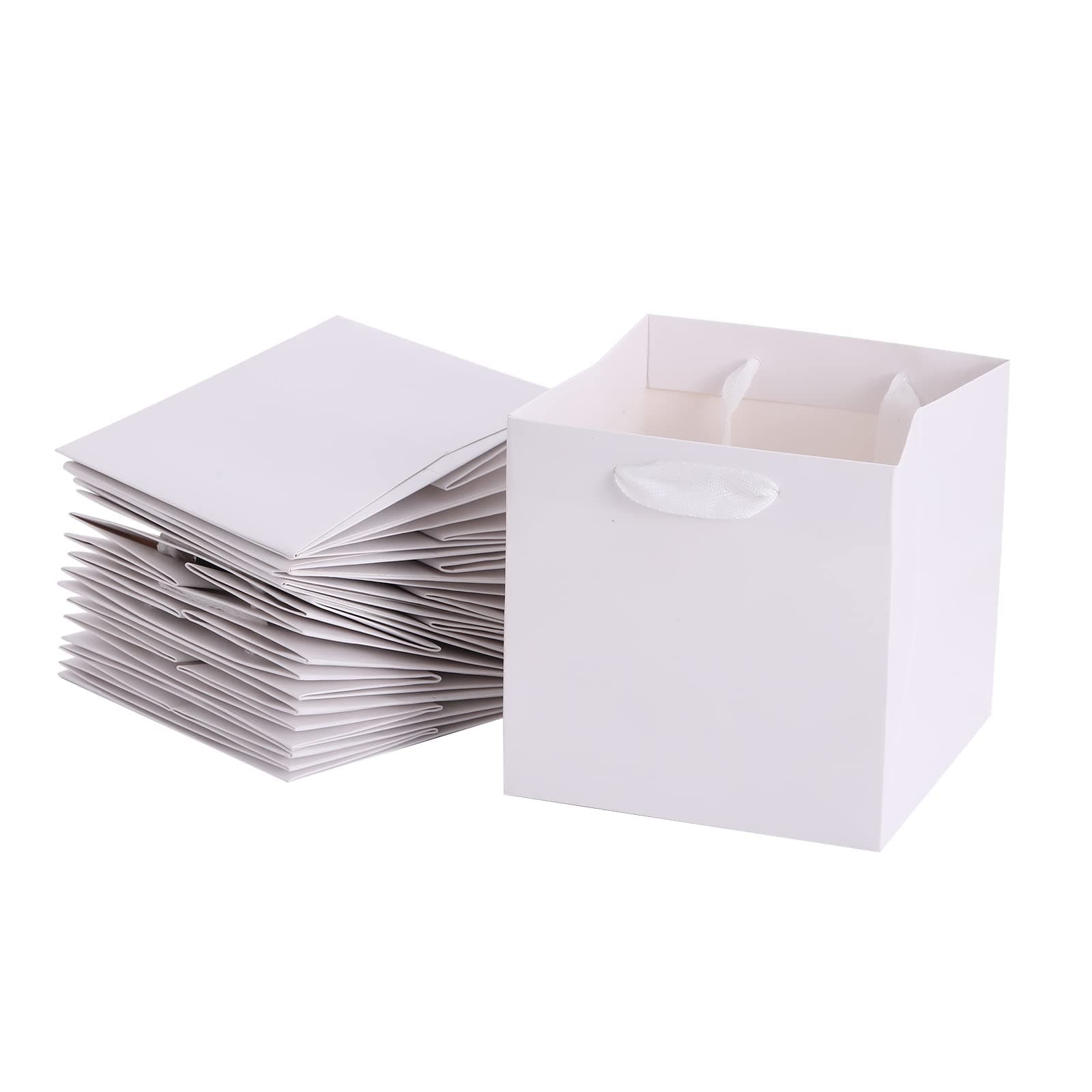 REDDOTGIFT® 10-Pack Shopping Paper Bags White Square Base Plain Paper Bags 250gsm thickness paper bags with Ribbon Handle (15x15x15cm, White)
