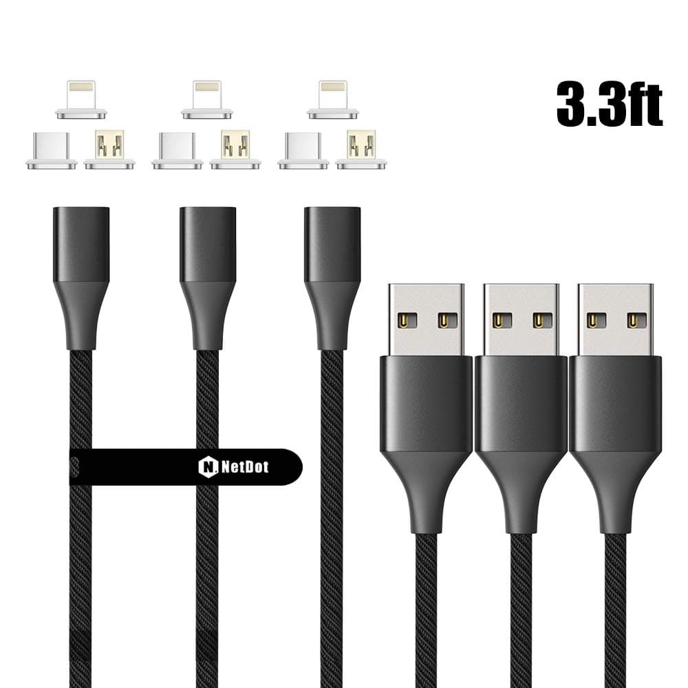 NetDotGen10 3in1 Nylon Braided Magnetic Charging Cable Fast Charging and Data Transfer for Micro USB and USB C Android Smartphones and i-Product (3.3ft / 3 Pack, Black)