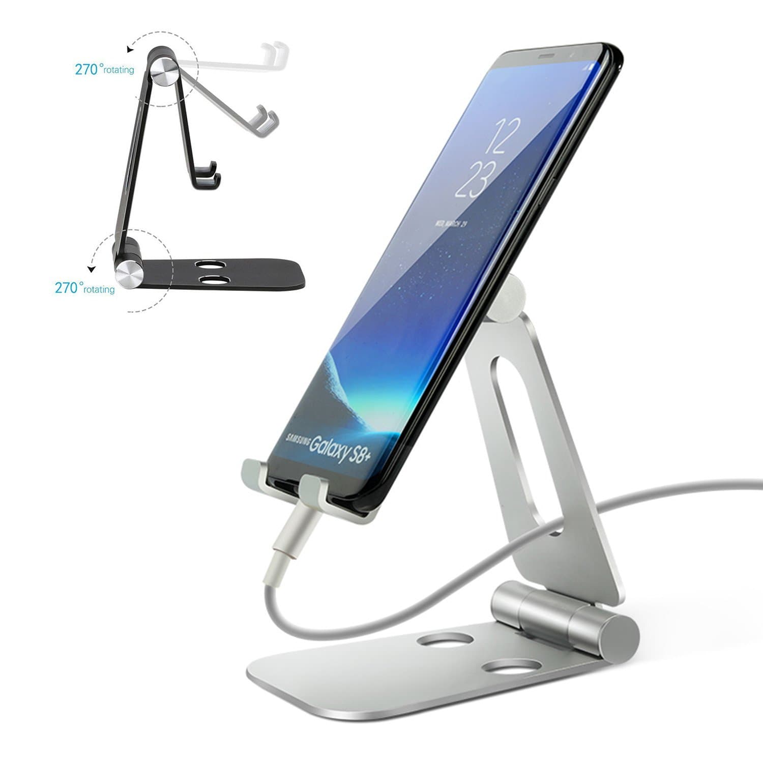 Cell Phone Stand, Tablet Stand, Portable Foldable Adjustable Desktop Aluminum Cradle Dock Stand Holder for Mobile Phone Charging, iPhone, Android and iPad, Other Tablets, Accessories Desk, Silver