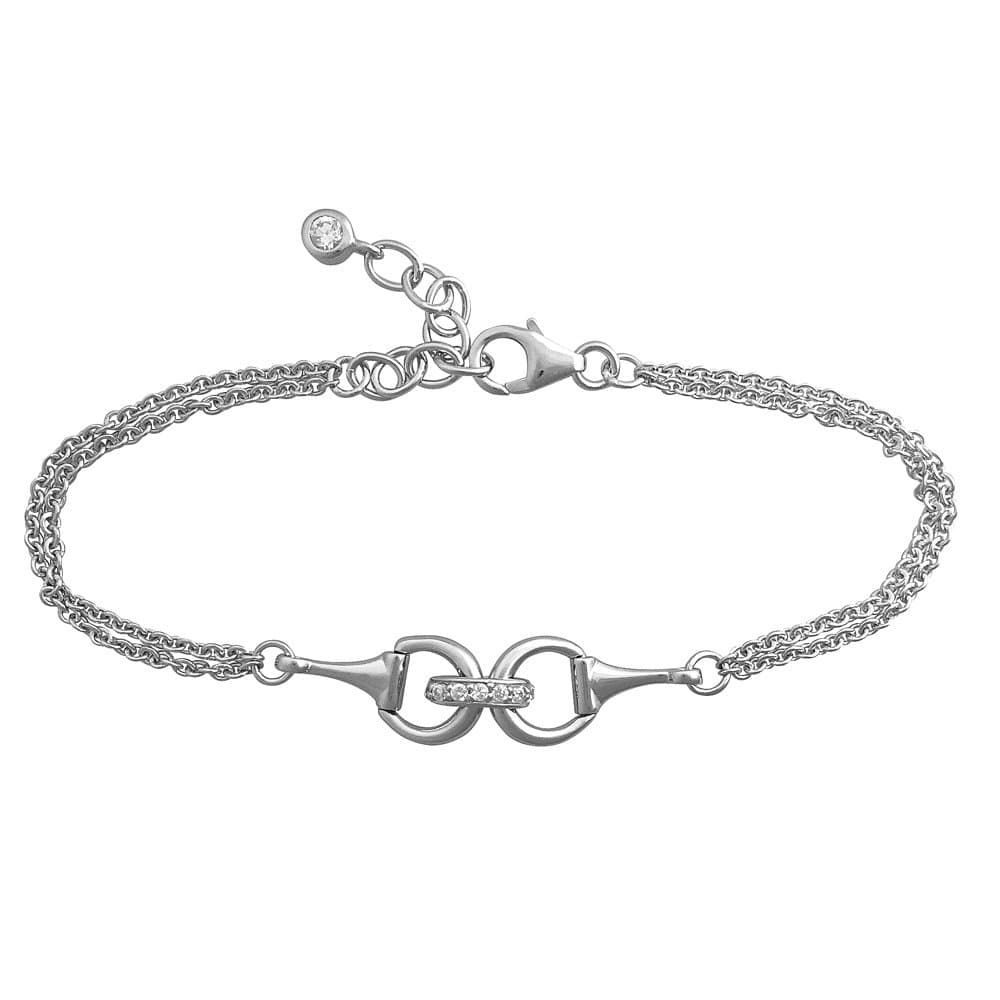 Paul Wright 925 Sterling Silver Snaffle Bit Bracelet set with Cubic Zirconia, Double Chain, 17cm plus 3cm Extender