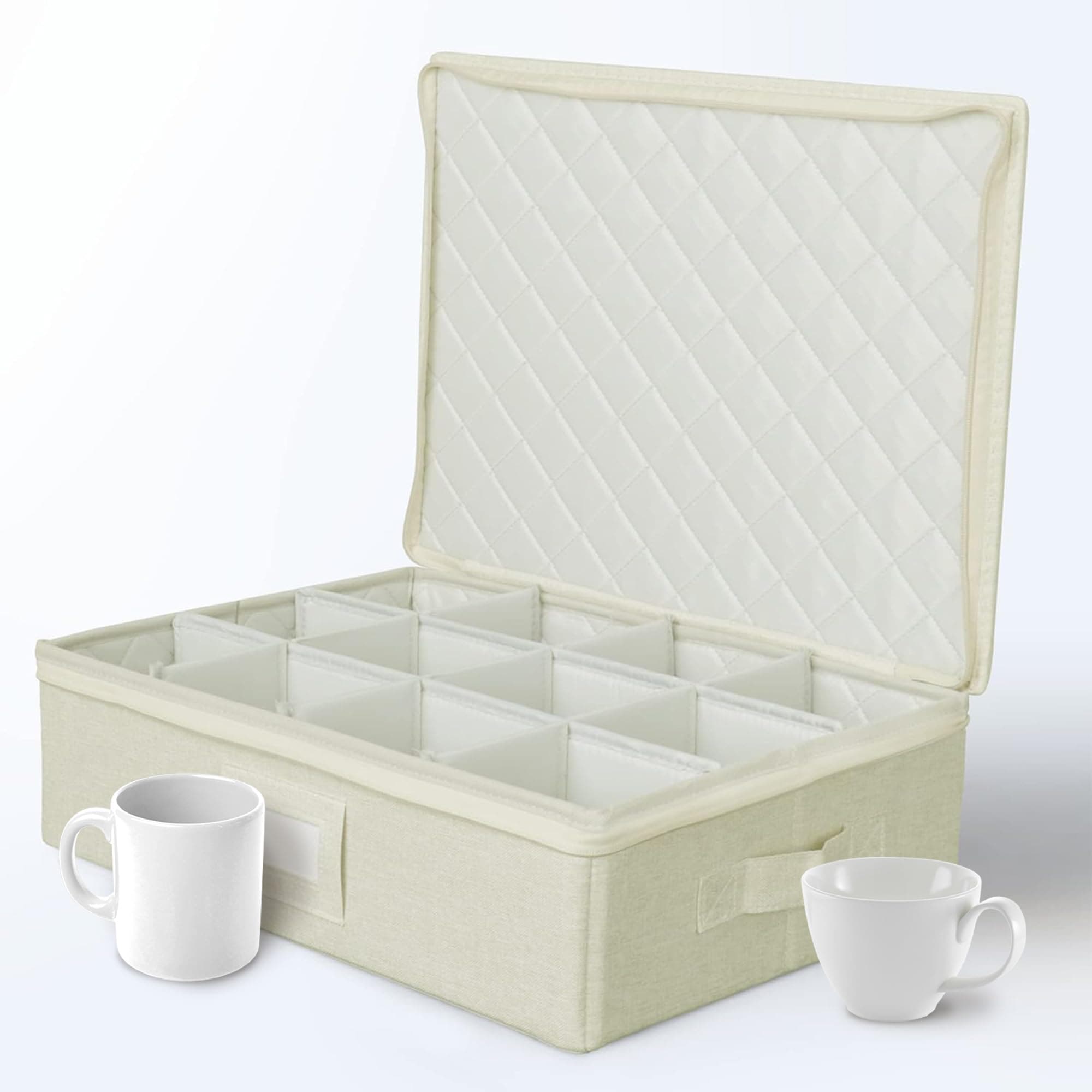Cup and Mug Storage Containers, Hard Shell Storage Case with Felt Dividers for Cups, Mugs, Dishes, and Glasses, Ideal for Kitchen Organizing and Moving Supplies - 1 Pack, Cream