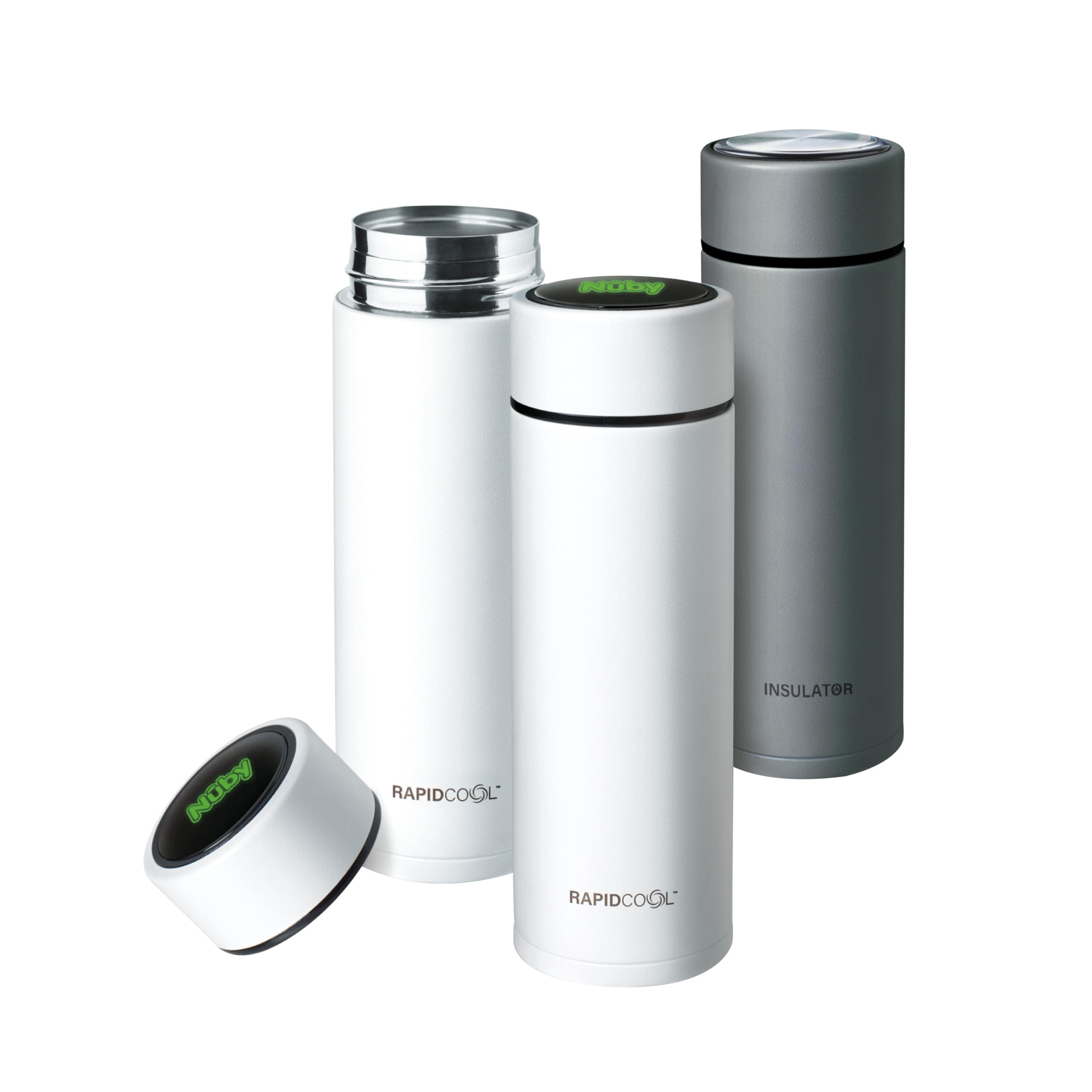 Nuby RapidCool Portable Baby Bottle Maker Kit - Formula Feed in 2 Minutes | Ideal for Travel Bottles and Night Feeds | Includes 2 RapidCools, Milk Powder Dispensers, Digital Lids & Flask (White)