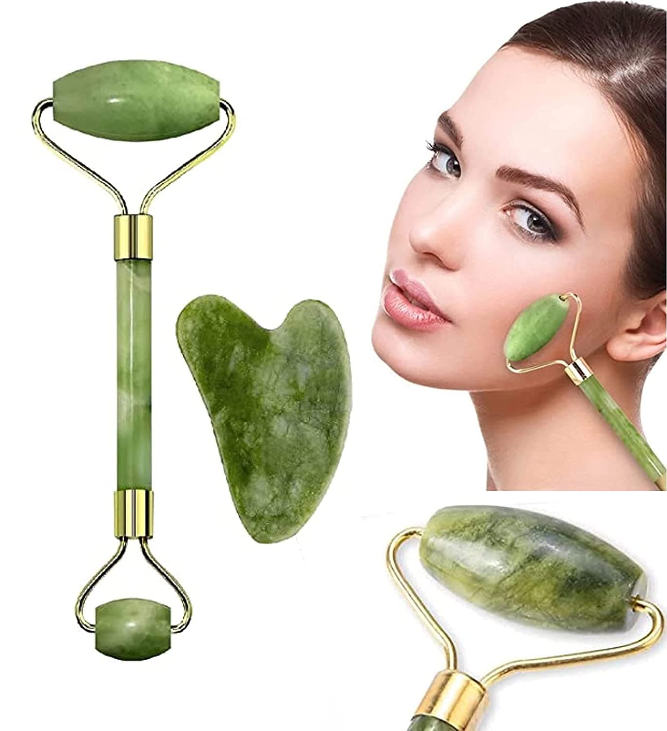 Jamon Jade Roller & Gua Sha Manual Massage Set, Anti-Aging Natural Jade Face Roller Set - Face Eye Neck Beauty Roller for Slimming & Firming - Rejuvenate Skin & Remove Wrinkles (Green)
