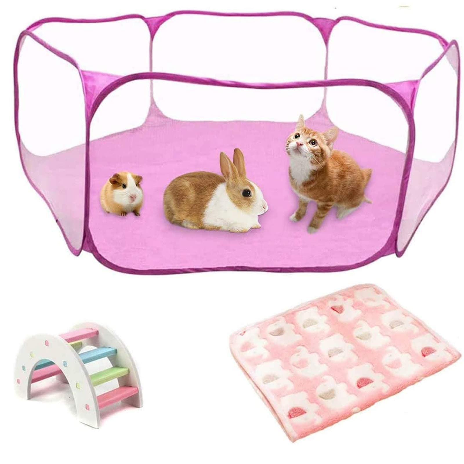 Hamster Playpen with Mat, Large - Foldable Exercise Playpen, Breathable and Transparent Pet Cage Fence Indoor/Outdoor for Guinea Pigs Small Animal Gerbils Chinchillas Hedgehogs Rats