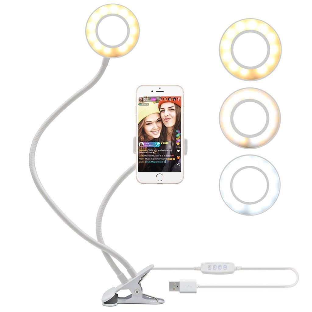 Selfie Ring Light with Cell Phone Holder Stand for Live Stream and Makeup, LED Camera Light [3-Light Mode] [10-Level Brightness] With Flexible Long Arms with 48 LED for iPhone, Android Phone,Wihte
