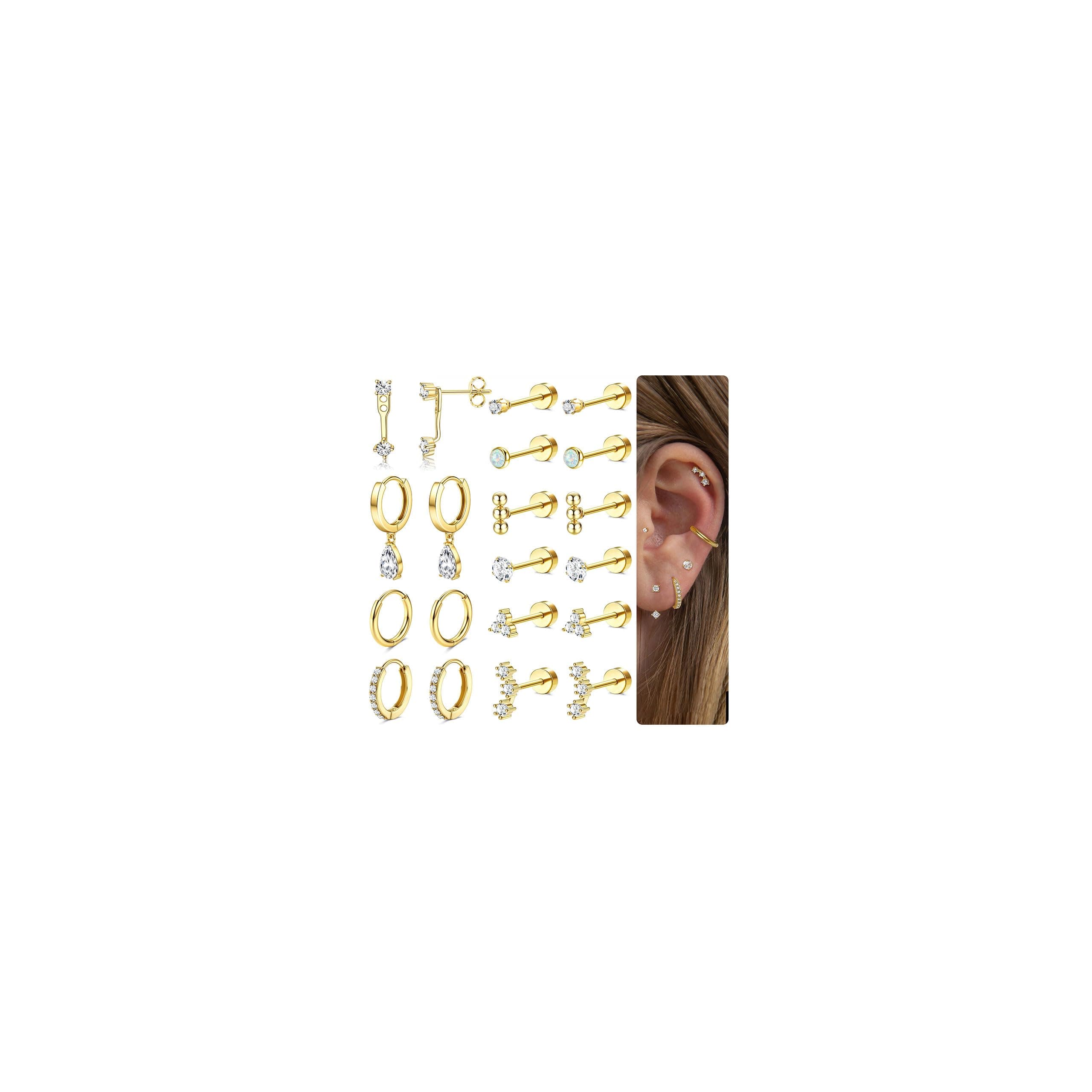 Hypoallergenic Flat Back Earrings Gold Cartilage Earring Sets for Multiple Piercing 20G Surgical Stainless Steel Earrings for Women Trendy Earring Stacks Small Hoop Flatback Stud Earrings